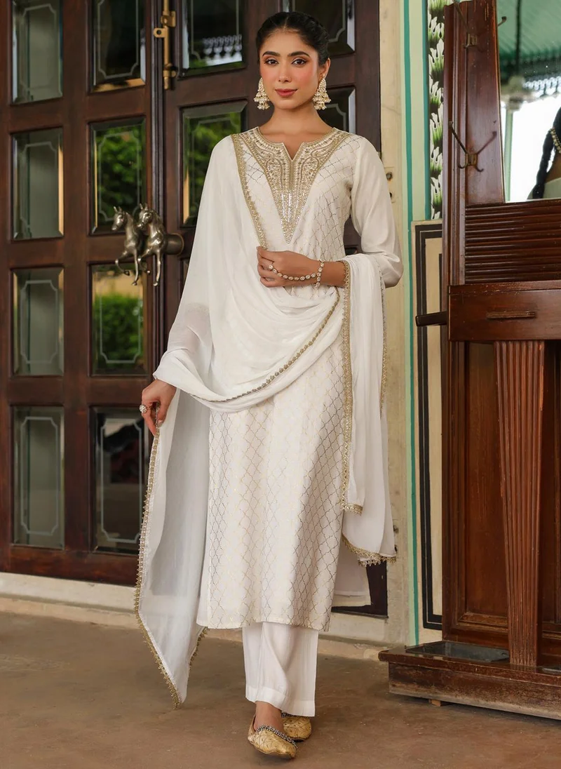ZERESOUQ Off White Chanderi Yoke Embroidered 3-Piece Kurta Set